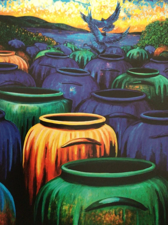 Colorful jars illustration related to Edgefield pottery
